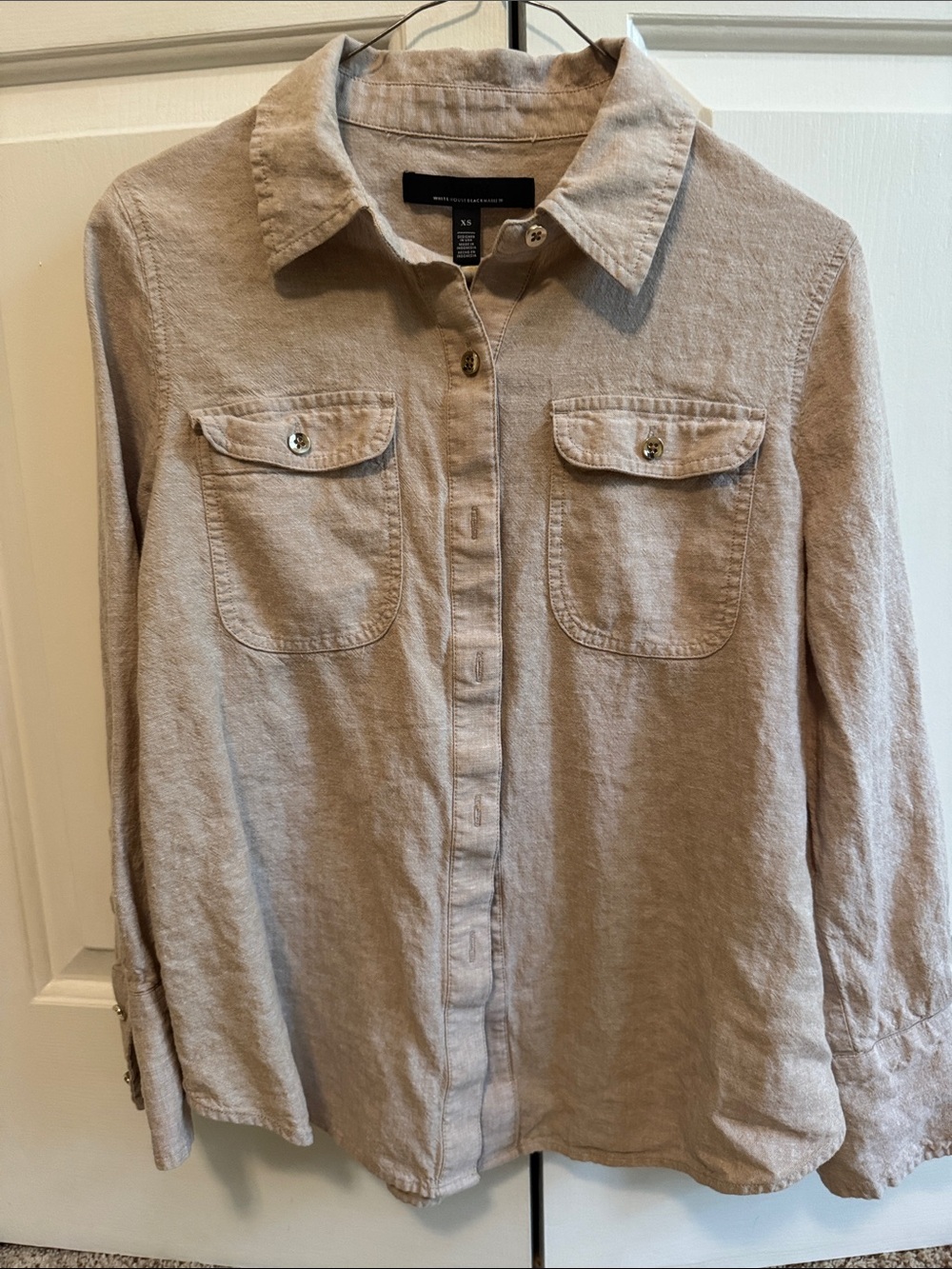 White House Black Market Men's Beige Button-Down Pocket Shirt